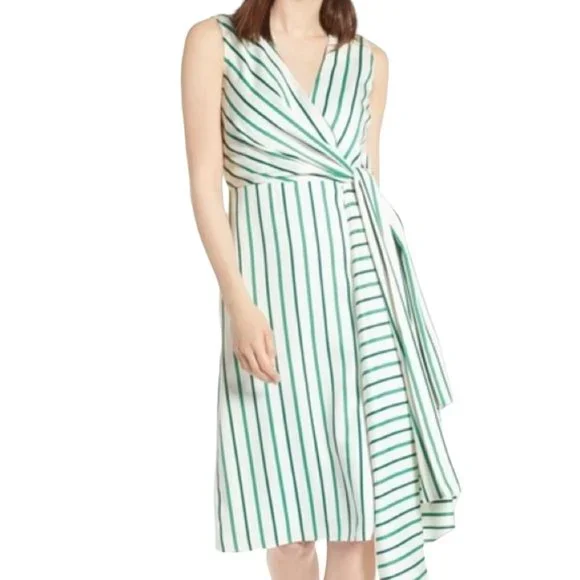 Halogen Draped Faux Wrap Striped Green White Dress L Green White Lined - Picture 3 of 16